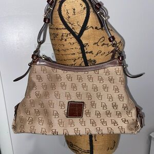 Dooney & Bourke Brown Signature Print Small/Medium Hobo Bag Leather Trim/Handle